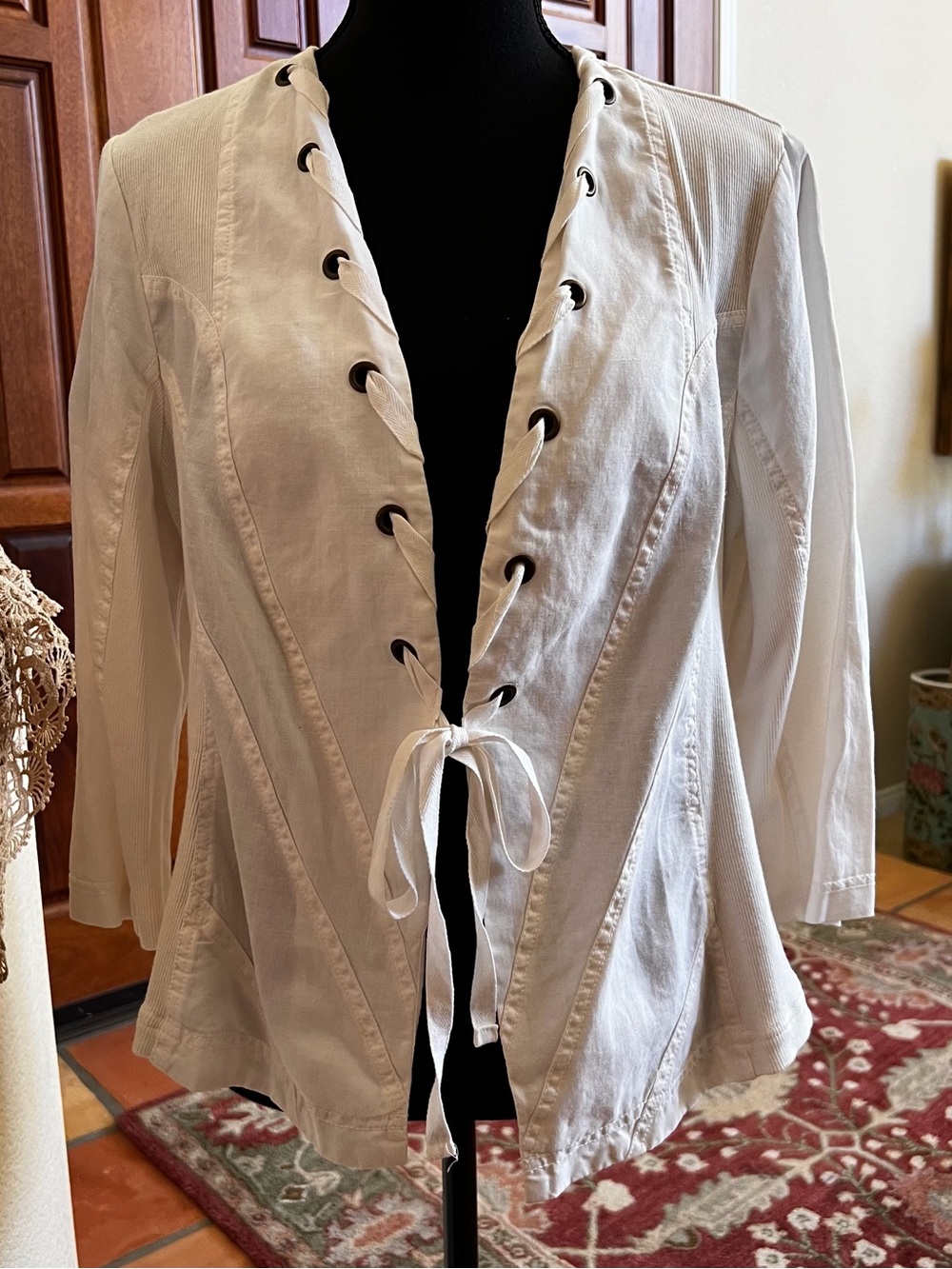XCVI Linen Lace Up White V Neck Top Jacket Size Large
